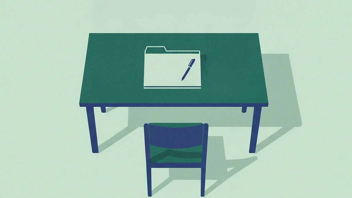 Illustration: a plain desk in an empty room with a closed document folder and a pen lying on it, and one empty wooden chair pulled up to it.