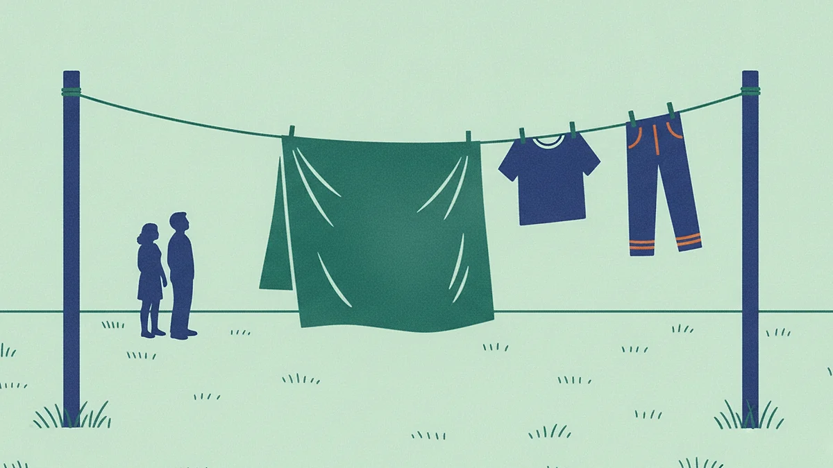 Illustration: a washing line strung between two posts across a small yard, a sheet and a few clothes pegged along it with gaps between them.
