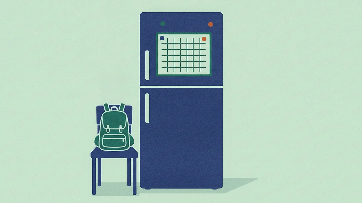 Illustration: a fridge door with a blank ruled planner grid held on by magnets, every cell empty, and a rucksack over a chair beside it.