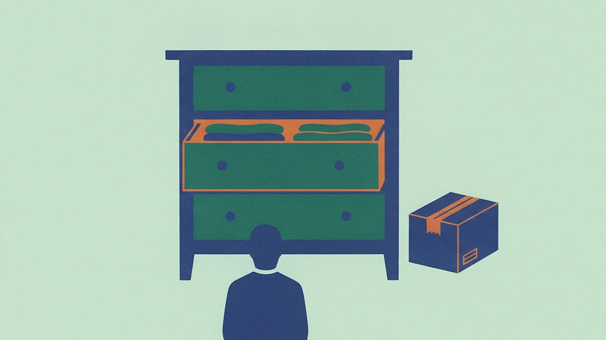 Illustration: a chest of drawers with one drawer open on a neat folded stack and a taped-up box standing unopened beside it, seen past the shoulder of a person in the foreground.