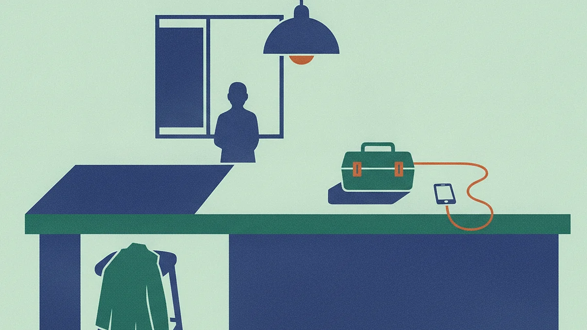 Illustration: a worktop late in the evening under one lamp, with a closed lunch box ready to go, a phone on a charging cable and a coat hung underneath.