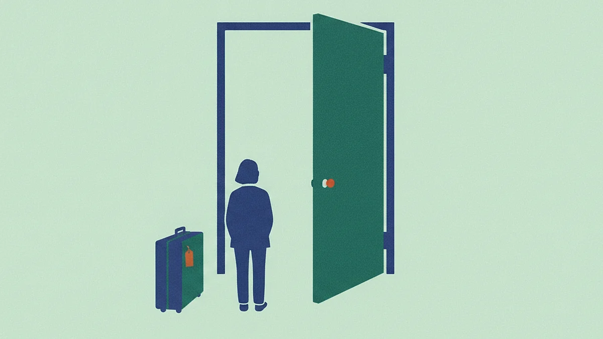 Illustration: a front door standing ajar, neither open nor shut, with a suitcase set down beside it and a person seen from behind in the doorway.