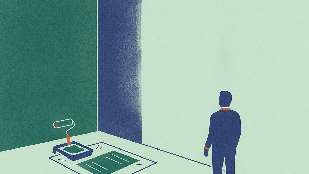 Illustration: a room being repainted, one wall finished and the wall beside it still in the old colour, a roller in a tray on a dust sheet, a person standing with their back turned.