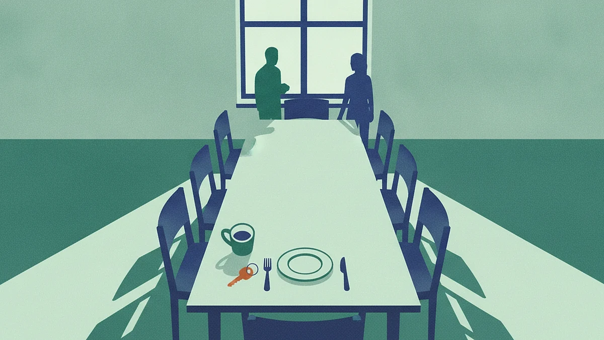 Illustration: a long dining table with chairs down both sides and a single place setting laid at the near end, two figures standing apart by the window at the far end.