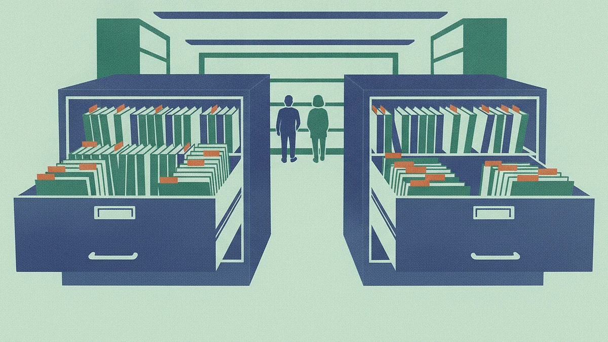 Illustration: two filing cabinet drawers pulled open side by side in an archive room, each packed with tabbed folders, two figures walking away between them.