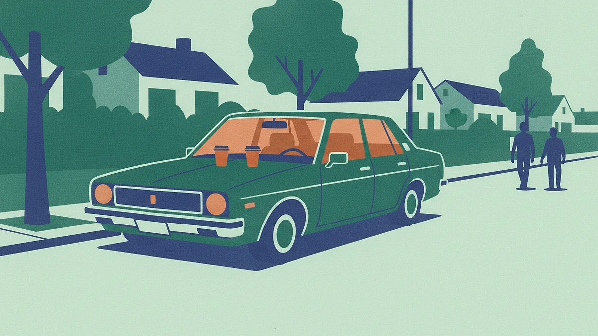 Illustration: a car parked on a quiet residential street with two paper cups on the dashboard and nobody inside, two figures walking past in the distance.