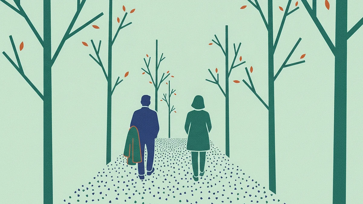 Illustration: two adults seen from behind walking a gravel path between bare autumn trees, a small gap between them, one carrying a folded coat.