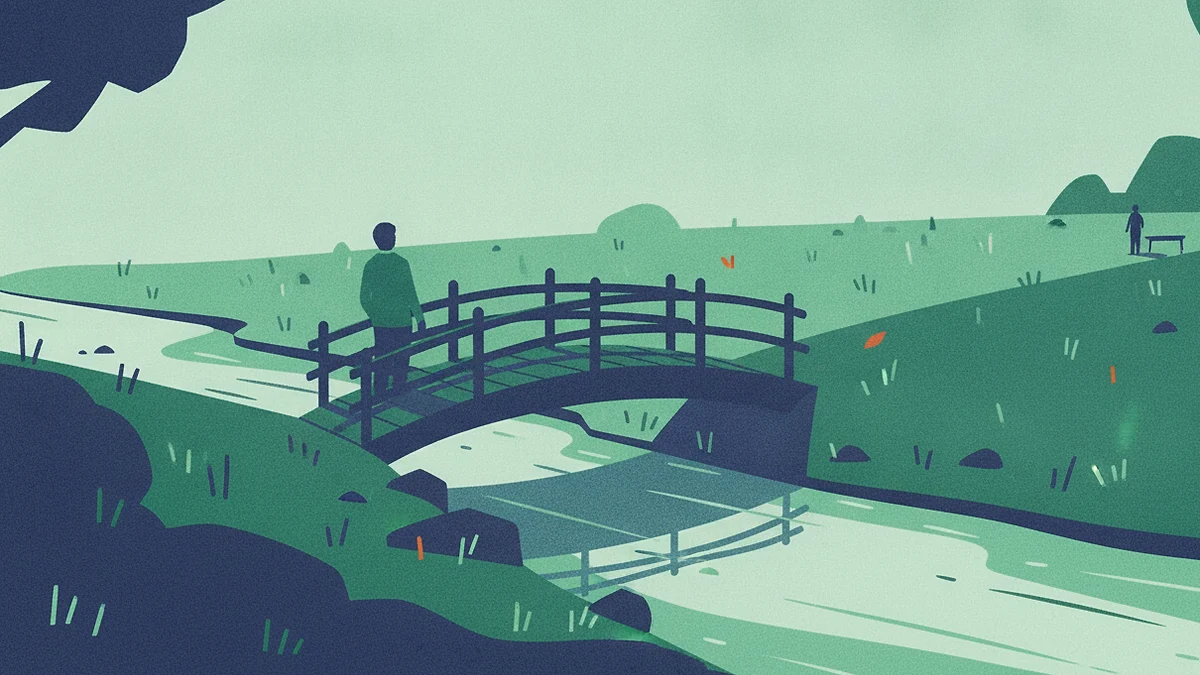 Illustration: a small wooden footbridge over a shallow stream, a single figure standing on it with their back turned, the far bank open and lit.