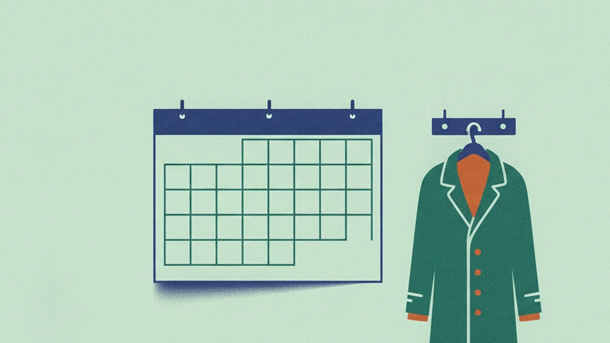 Illustration: a plain wall calendar with every date square left empty, hanging beside a rail holding a single coat.