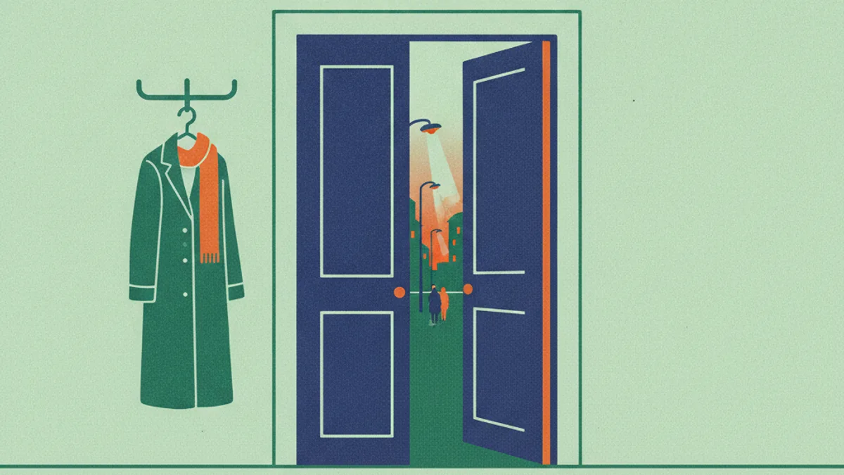 Illustration: a doorway opening onto a lit street at dusk, one coat left on the hook beside it.