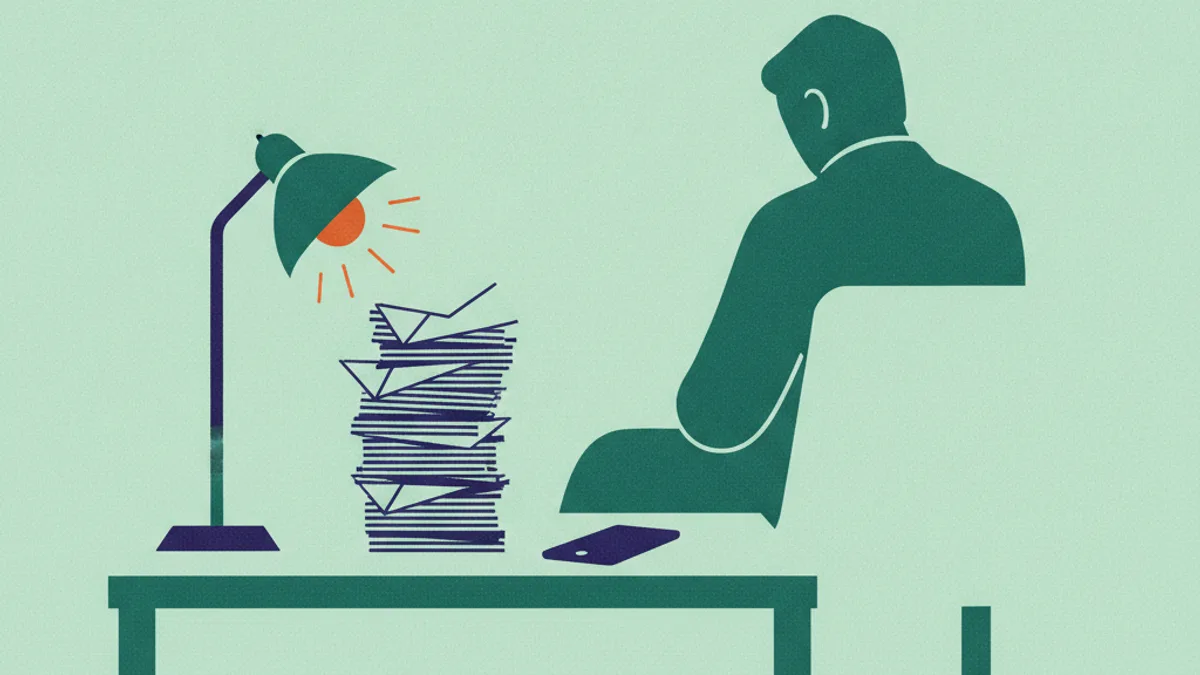 Illustration: a desk with a stack of unopened envelopes, a phone face down beside them and one lit lamp.