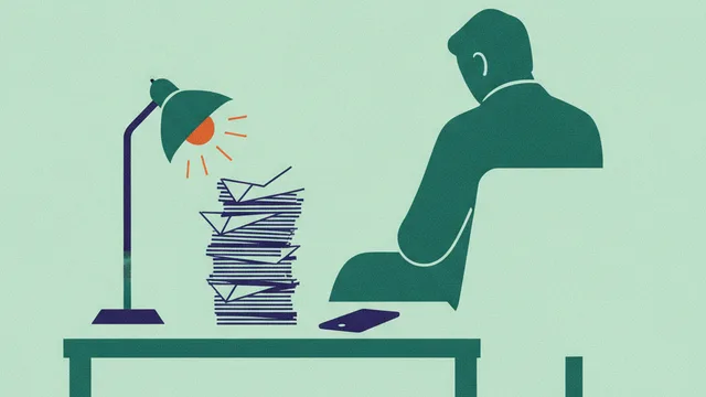 Illustration: a desk with a stack of unopened envelopes, a phone face down beside them and one lit lamp.