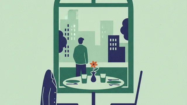 Illustration: a restaurant table set for two by a window, a coat over one chair back.