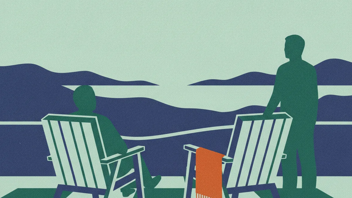 Illustration: two garden chairs on a terrace at the end of summer, one facing the view, a folded blanket on the other.