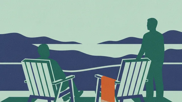 Illustration: two garden chairs on a terrace at the end of summer, one facing the view, a folded blanket on the other.