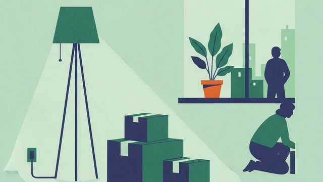 Illustration: a half-unpacked room in morning light with two boxes, a lamp already plugged in and a plant on the sill.