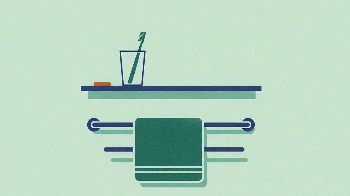 Illustration: a bathroom shelf in morning light holding one glass with a single toothbrush, one folded towel on the near rail and the rail beside it empty.