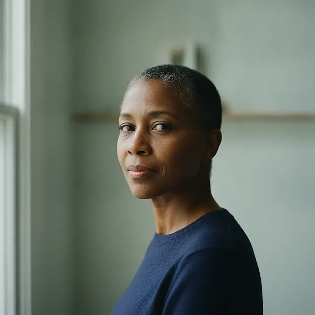 A Black woman in her early fifties in a plain dark indigo knit, turned three-quarters towards the camera in soft light from a window beside her, a blurred sea-glass wall and the edge of a shelf behind her.