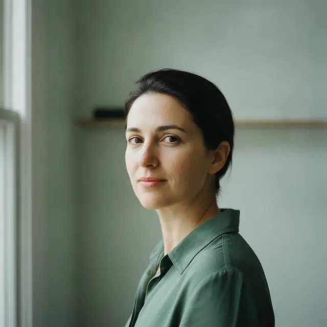 A woman in her late thirties in a plain pine-green collared shirt, turned three-quarters towards the camera in soft light from a window beside her, a blurred sea-glass wall and the edge of a shelf behind her.