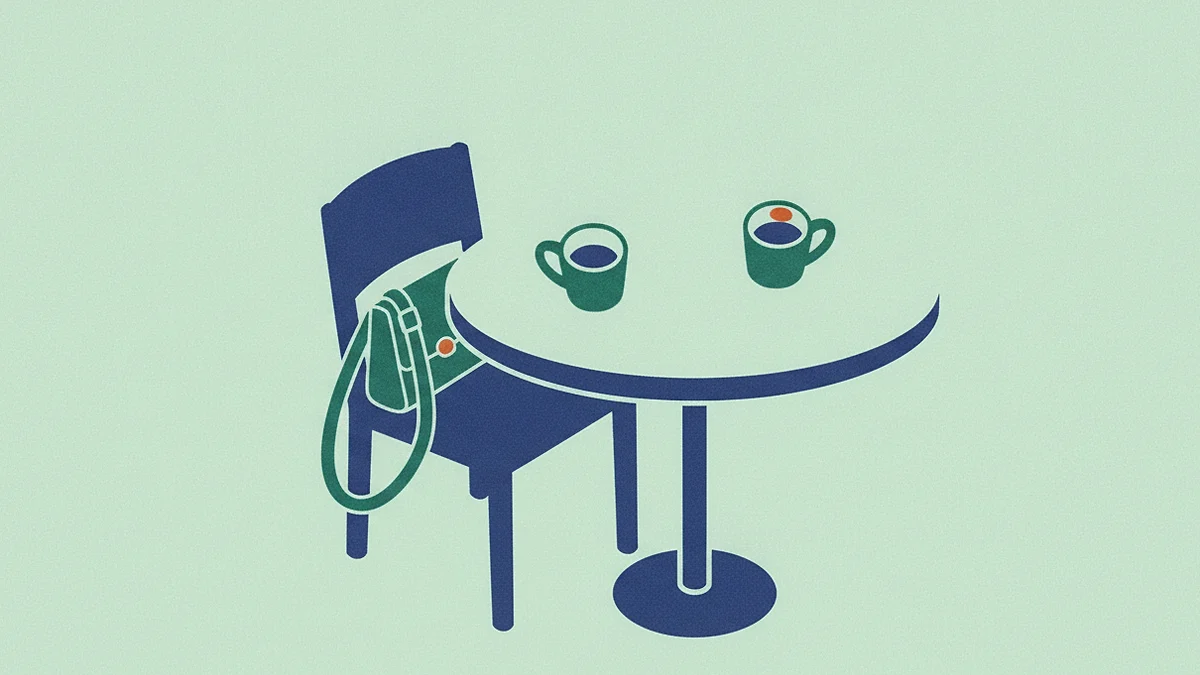 Illustration: a small round cafe table with two coffee cups on it and a shoulder bag left hanging over the chair back.
