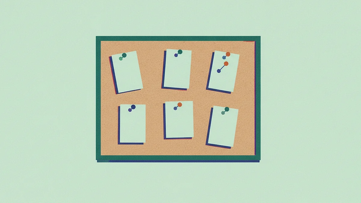 Illustration: a cork noticeboard on a plain wall with six completely blank cards pinned to it at slight angles.