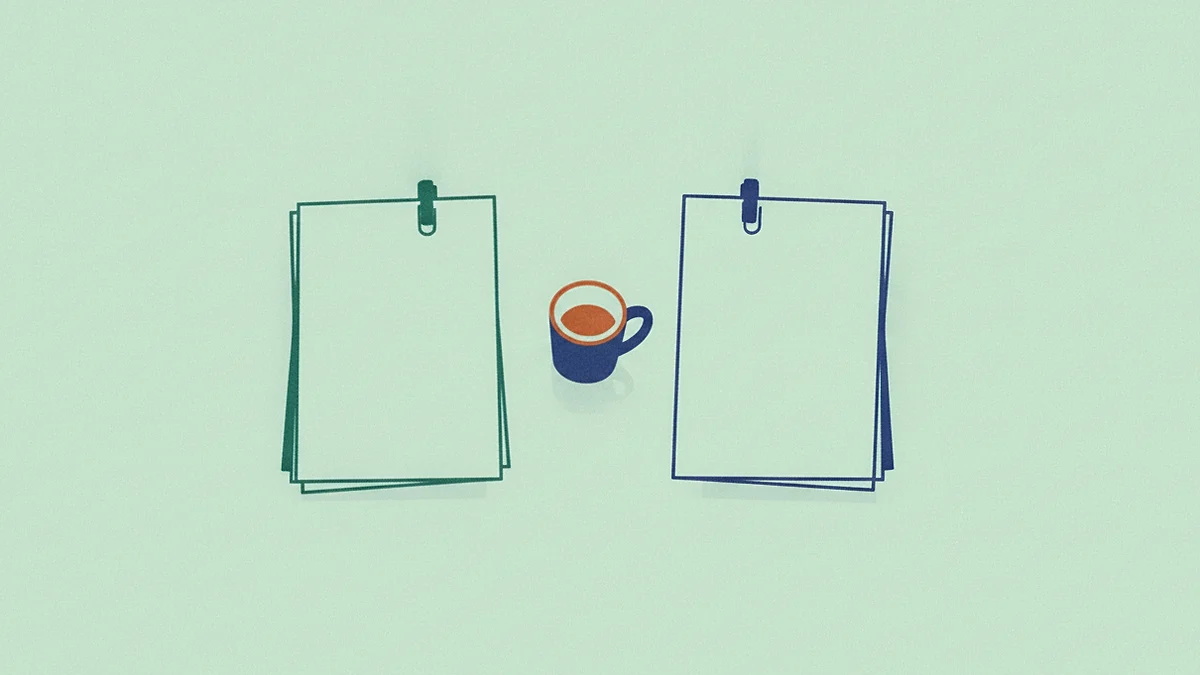 Illustration: a kitchen counter seen from above with two separate stacks of blank papers side by side, each with its own clip, and one mug between them.