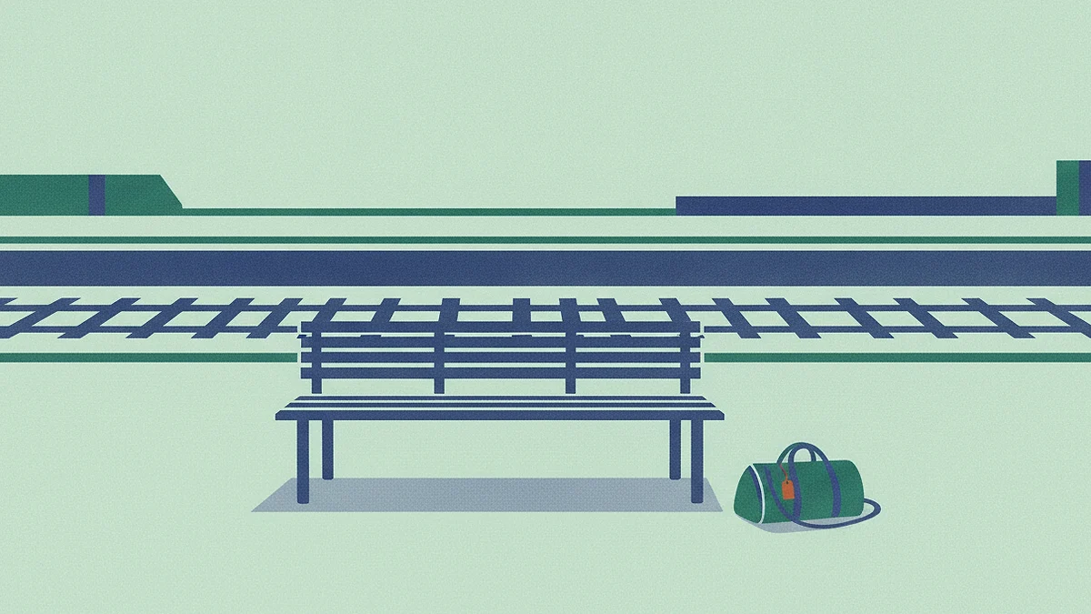 Illustration: an empty railway platform bench with a single travel bag standing beside it and the empty track running past behind.